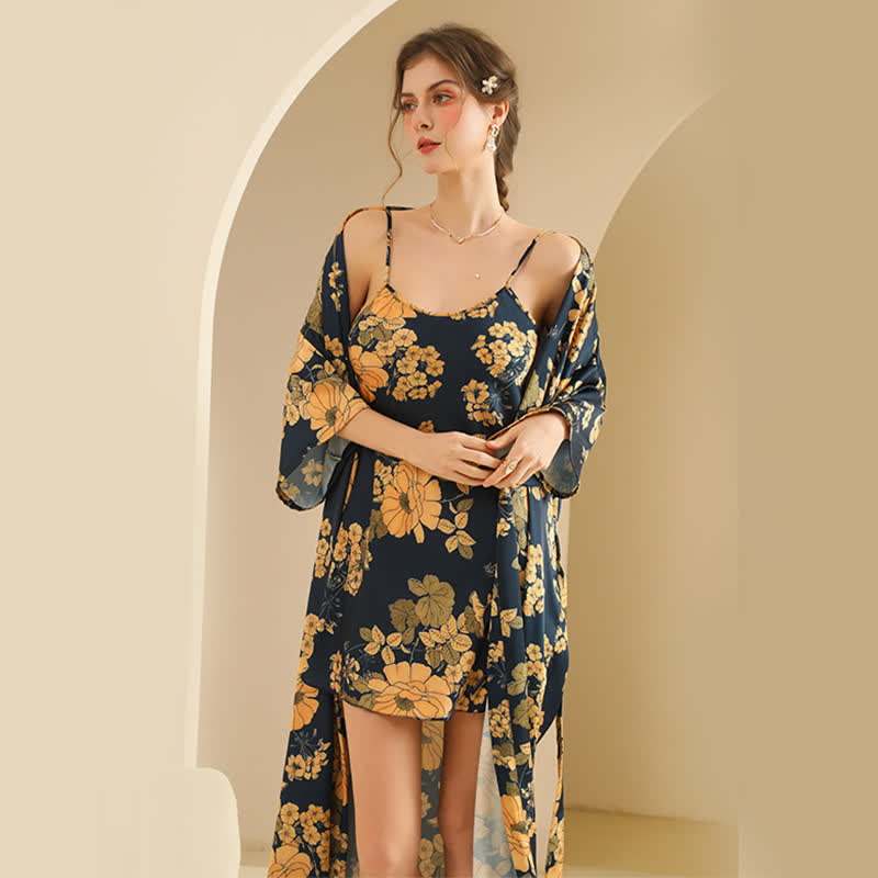 Yellow Floral Kimono Bathrobe Set
