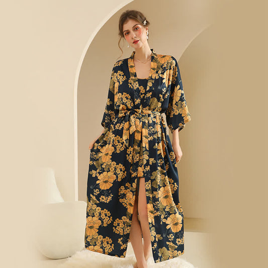 Yellow Floral Kimono Bathrobe Set