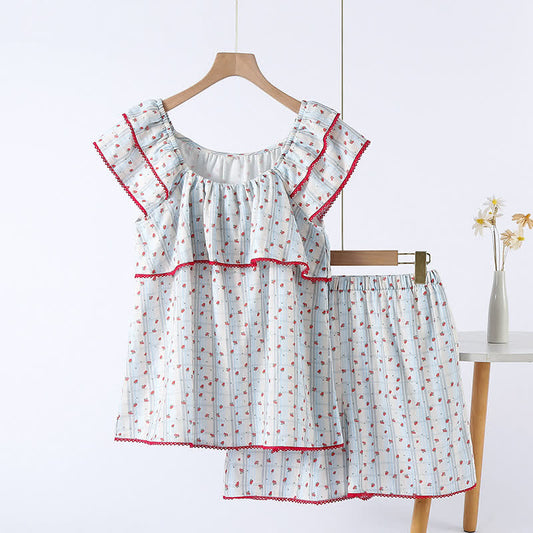Red Floral Flutter Sleeve Cotton Sleepwear