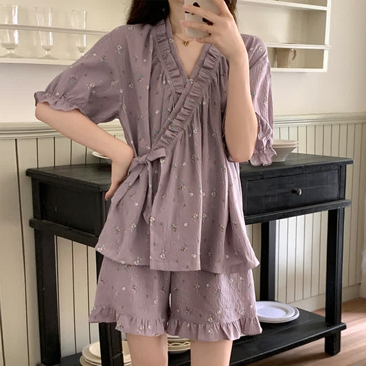 Purple Floral Ruffle Sleeve Pajama Set