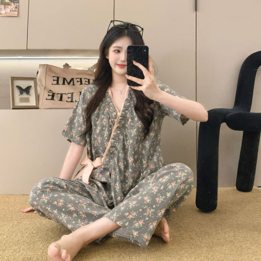 Rose Print Ruffle Kimono Sleepwear Set