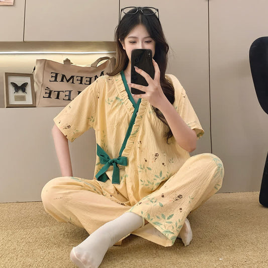 Leaf Print Ruffle Kimono Sleepwear Set