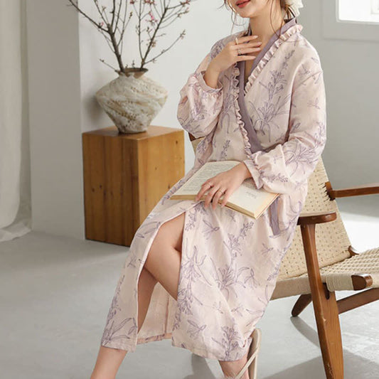 Purple Floral Ruffle Trim Kimono Robe