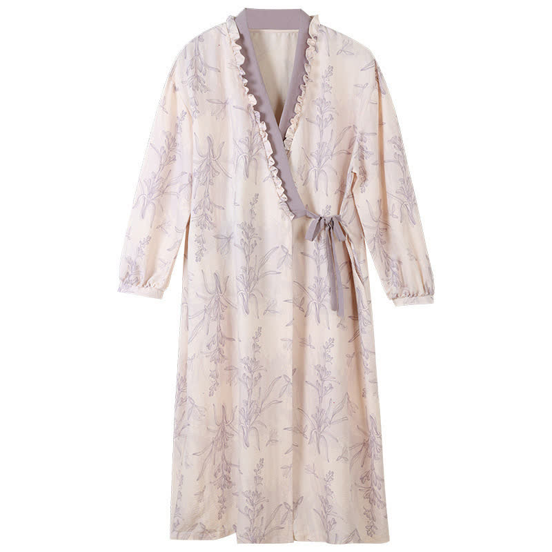 Purple Floral Ruffle Trim Kimono Robe