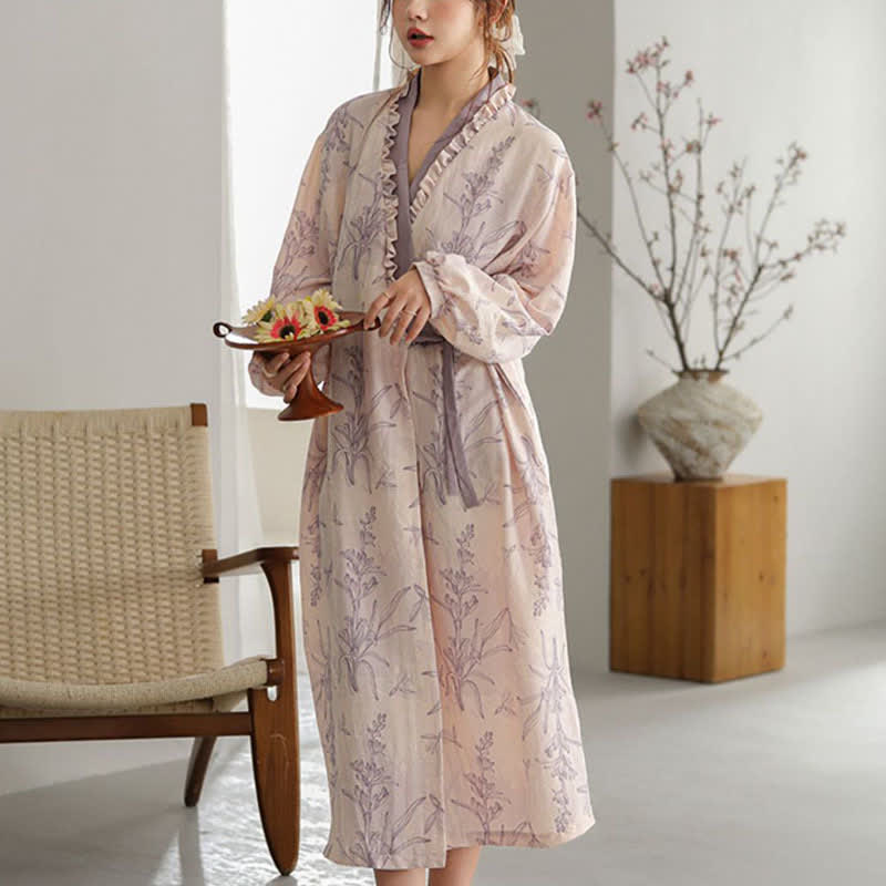 Purple Floral Ruffle Trim Kimono Robe