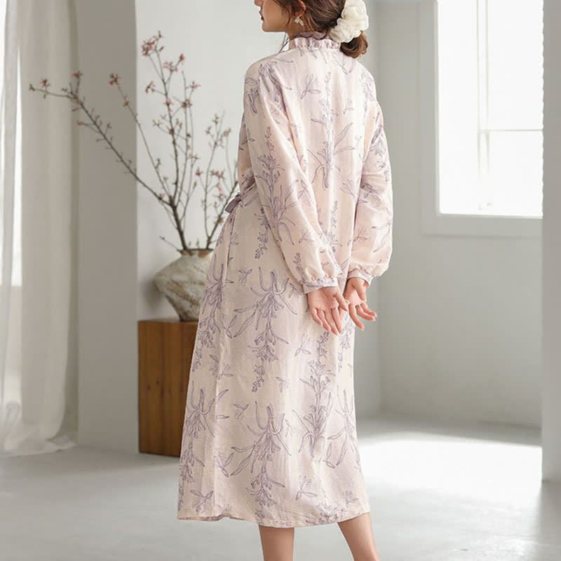 Purple Floral Ruffle Trim Kimono Robe