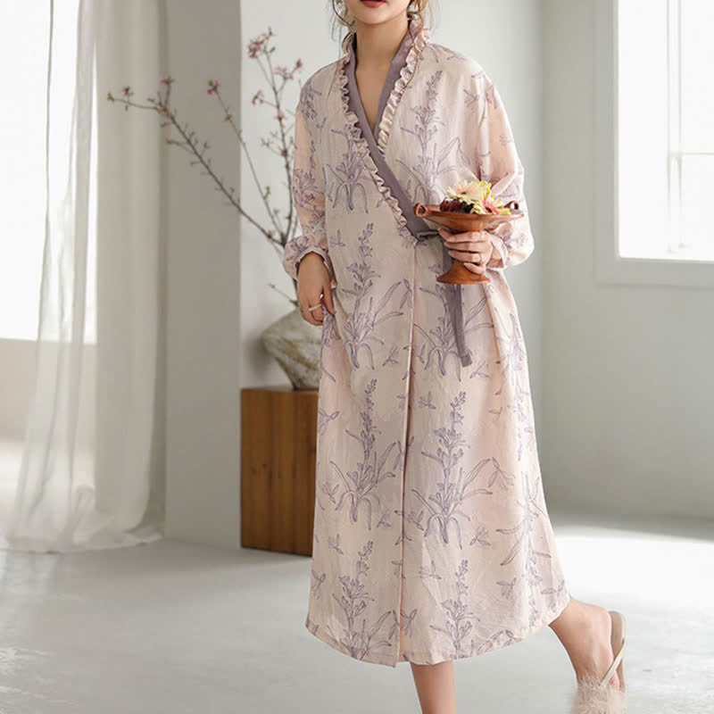 Purple Floral Ruffle Trim Kimono Robe