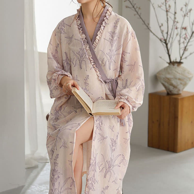 Purple Floral Ruffle Trim Kimono Robe