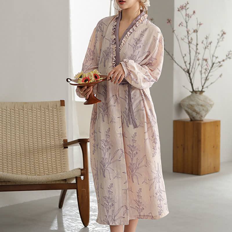 Purple Floral Ruffle Trim Kimono Robe