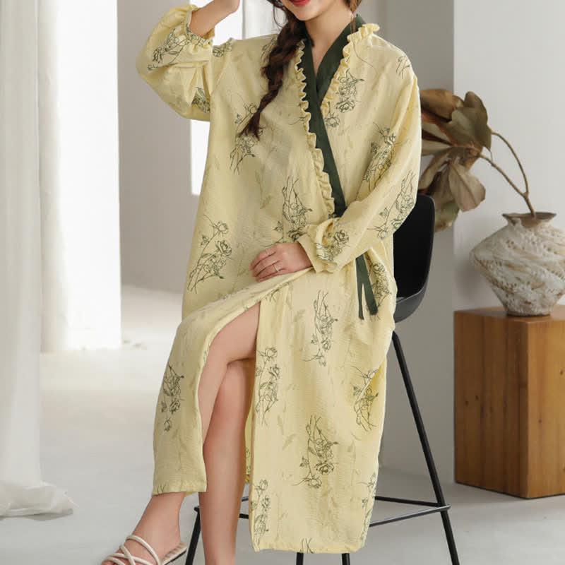 Rose Print Ruffle Trim Kimono Robe