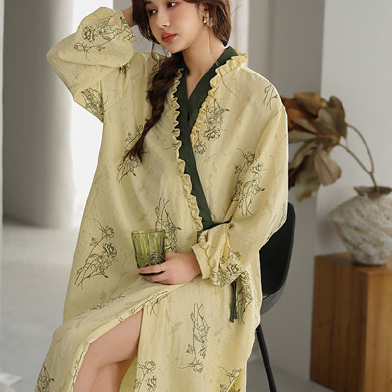 Rose Print Ruffle Trim Kimono Robe