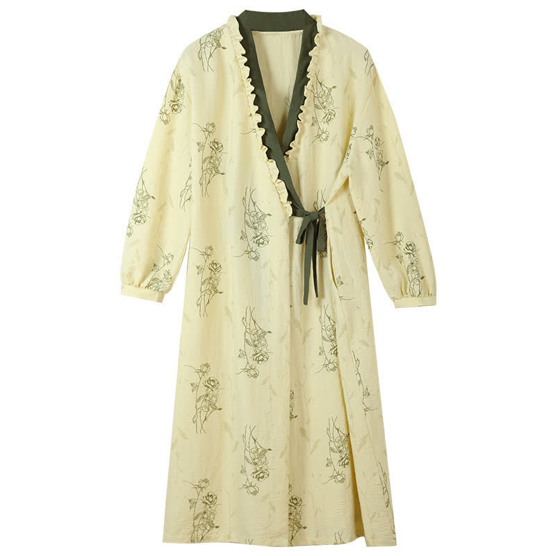 Rose Print Ruffle Trim Kimono Robe