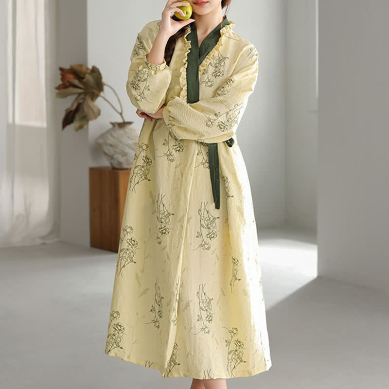 Rose Print Ruffle Trim Kimono Robe