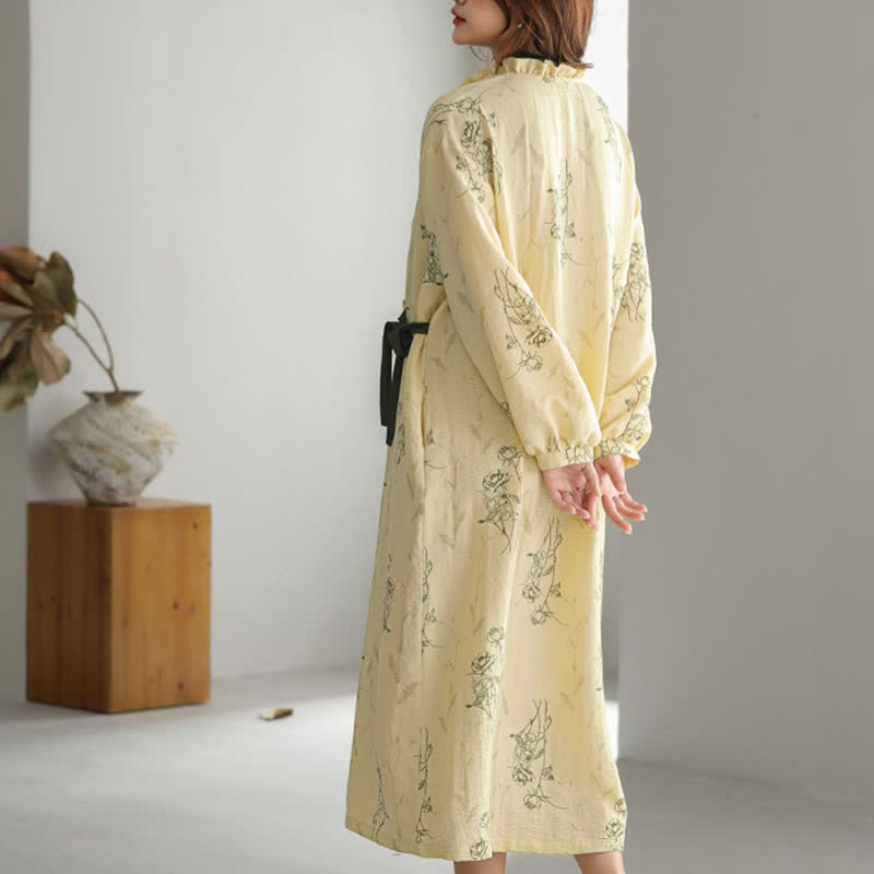 Rose Print Ruffle Trim Kimono Robe