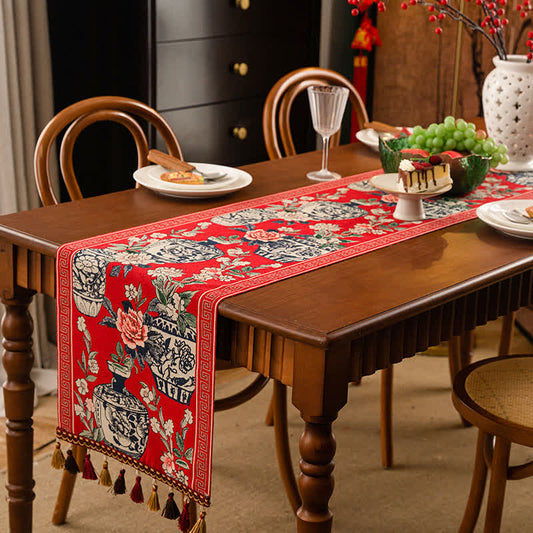 Jacquard Floral Vase Tassel Table Runner