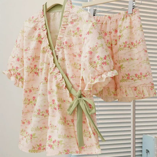 Pink Floral Ruffle Sleeve Pajama Set