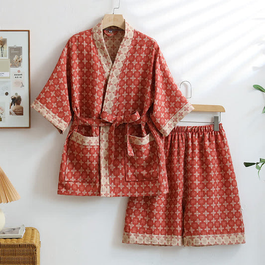 Unisex Red Geometric Cotton Kimono Loungewear