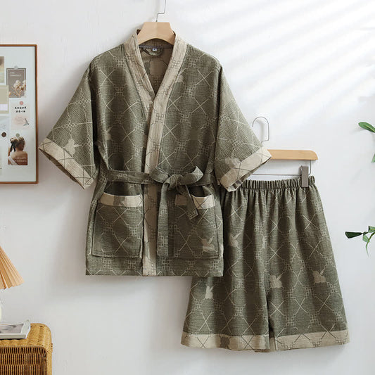 Unisex Green Grid Cotton Kimono Loungewear