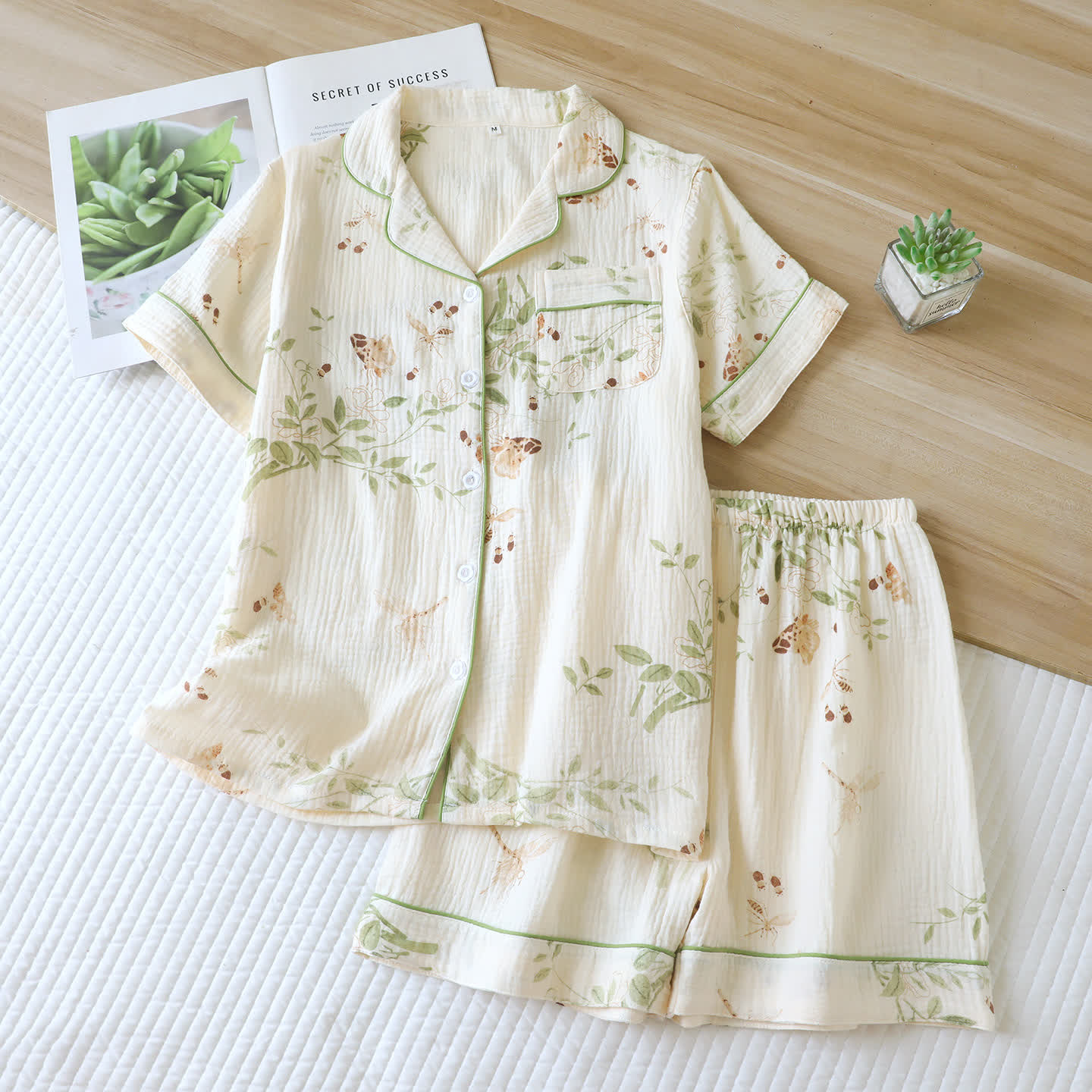 Butterfly Leaf Print Cotton Pajama Set