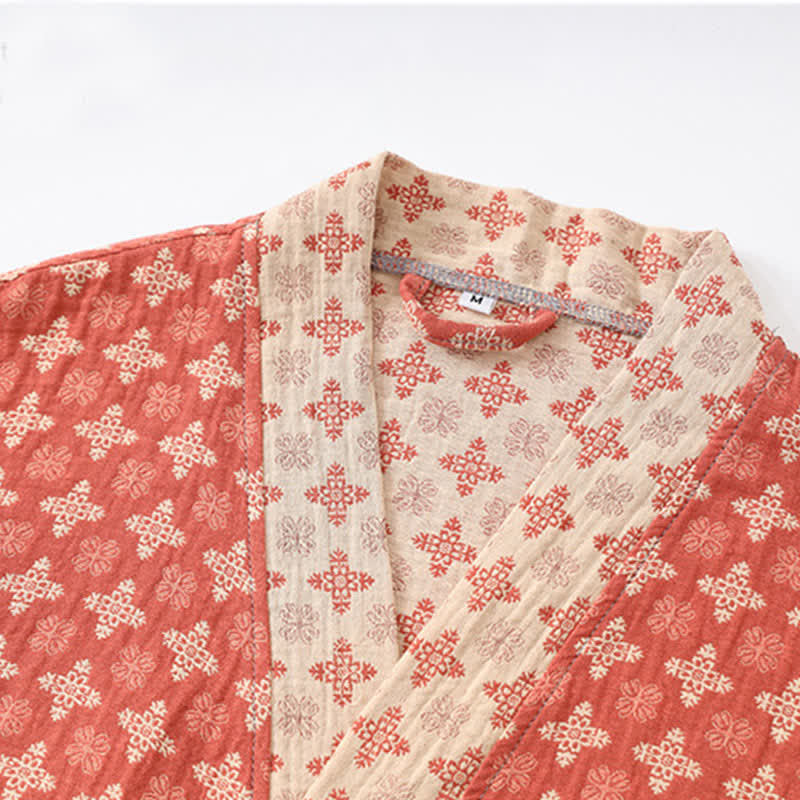 Unisex Red Geometric Cotton Kimono Loungewear