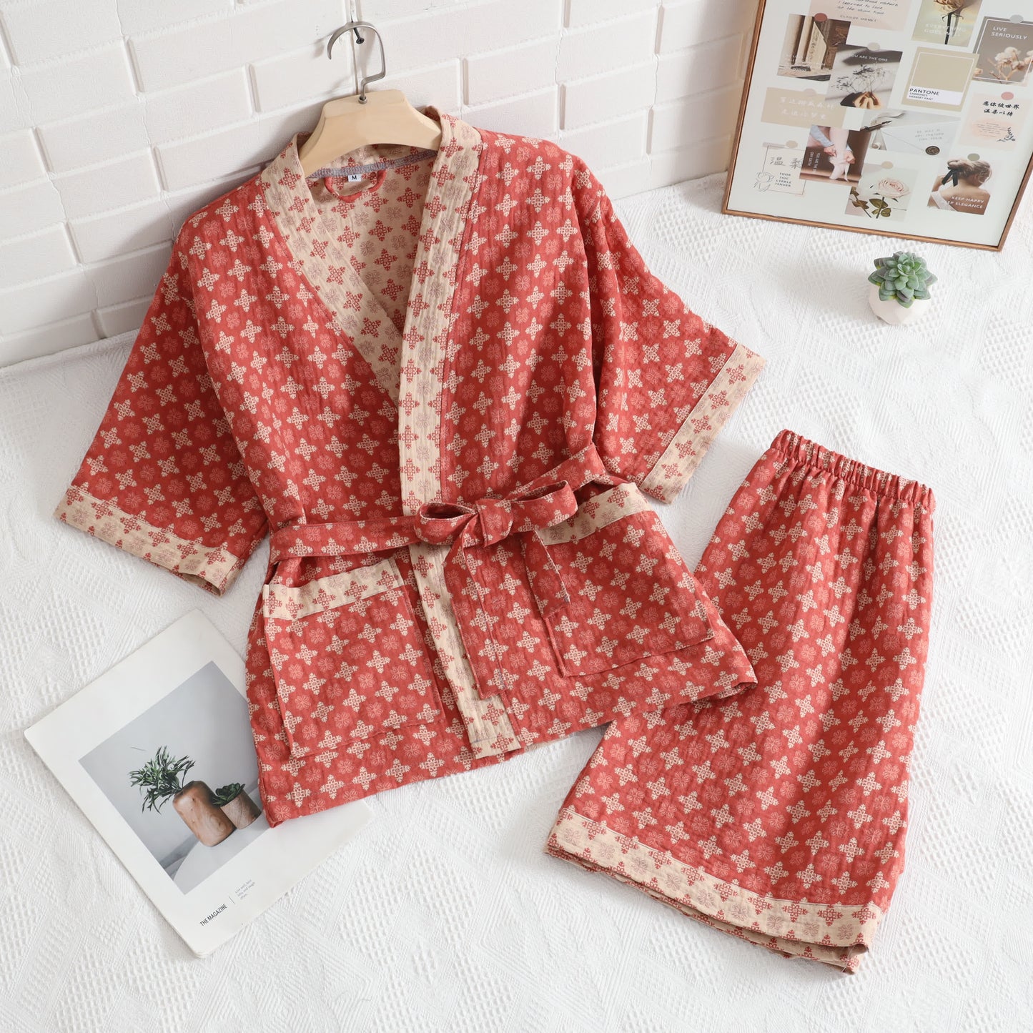 Unisex Red Geometric Cotton Kimono Loungewear