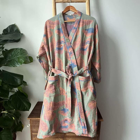 Brown Leaf Print Cotton Kimono Robe