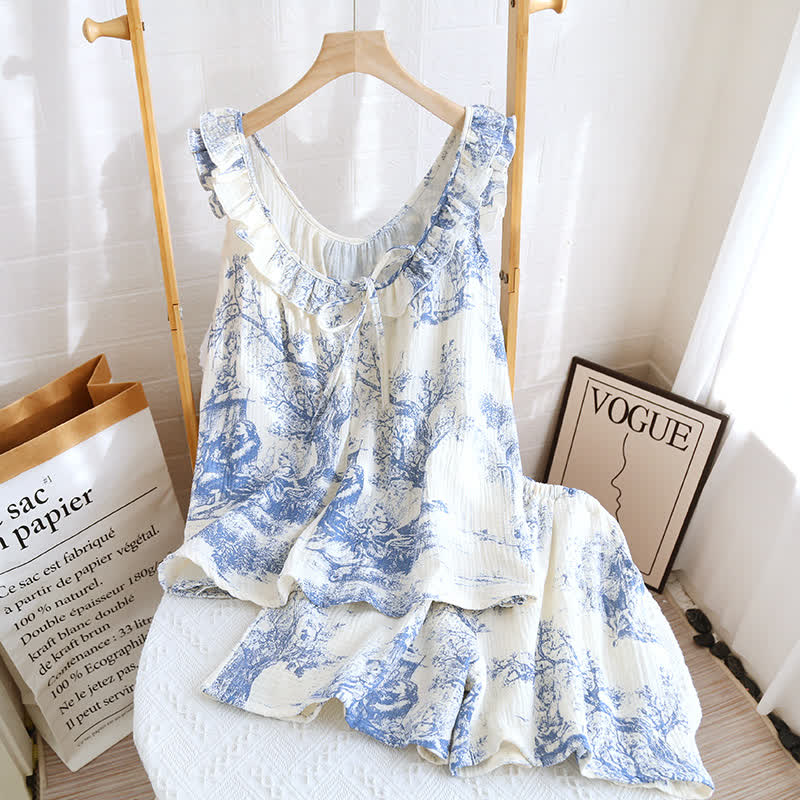 Vintage Landscape Print Cotton Gauze Ruffle Camisole Nightwear