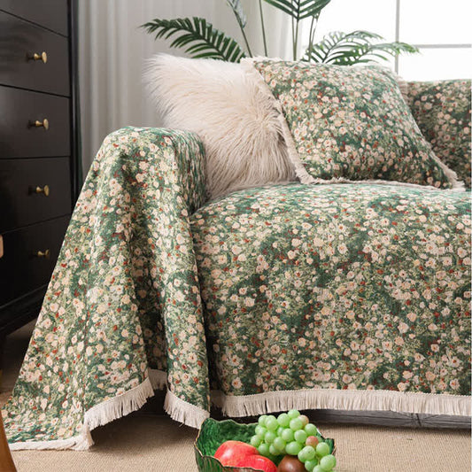 Green Floral Farmhouse Tassel Sofa Protector