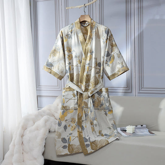 Unisex Yellow Floral Cotton Gauze Bathrobe