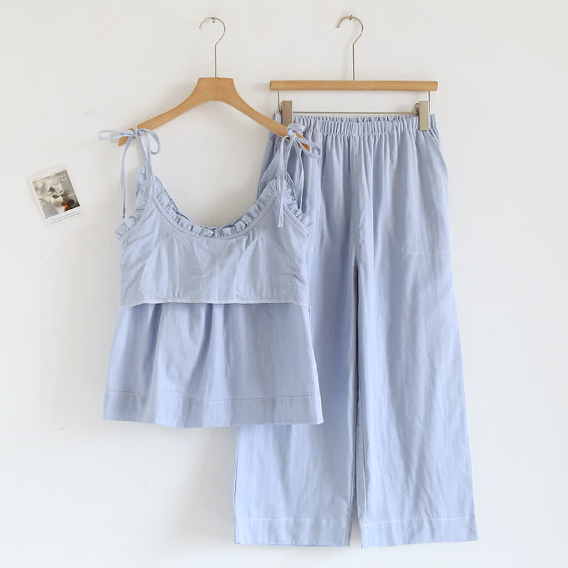 Solid Color Ruffle Cotton Camisole Pajamas - Yellow - XL - image 16