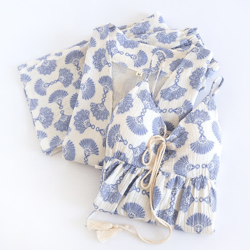 Blue Fan Print Cotton Loungewear Set (3PCS) - image 4