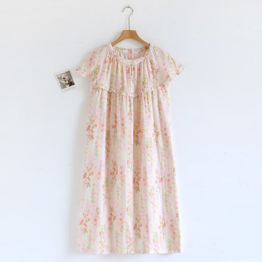 Ruffle Neck Rose Print Cotton Nightgown