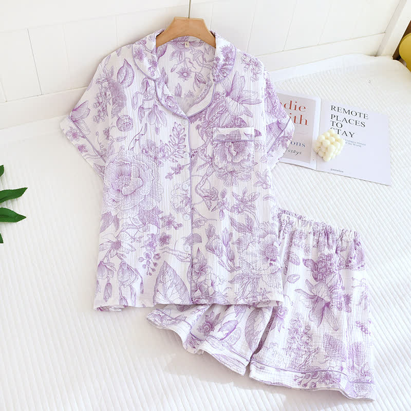Toile Style Peony Cotton Loungewear Set - Purple - XL - image 2