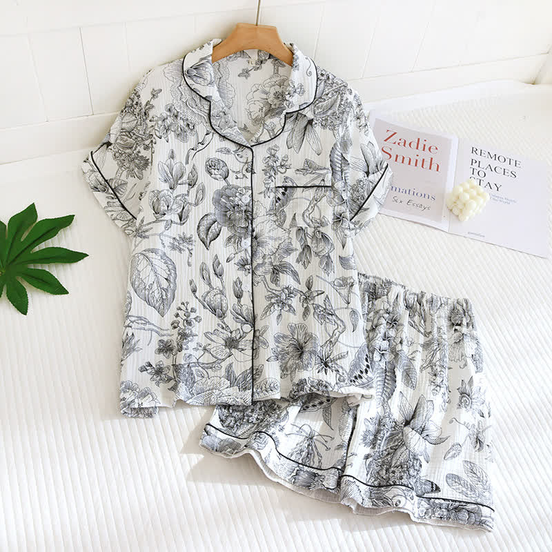 Toile Style Peony Cotton Loungewear Set - Black - XL - image 4
