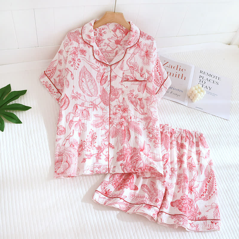 Toile Style Peony Cotton Loungewear Set - Red - XL - image 3