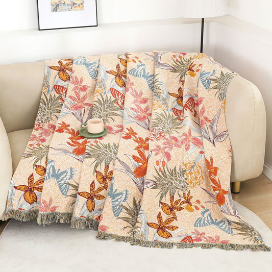 Pineapple Floral Butterfly Natural Cotton Blanket