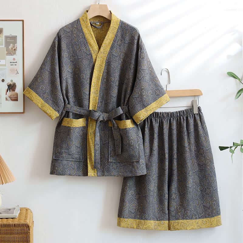 Unisex Grey Geometric Cotton Kimono Nightwear - XXL - image 1