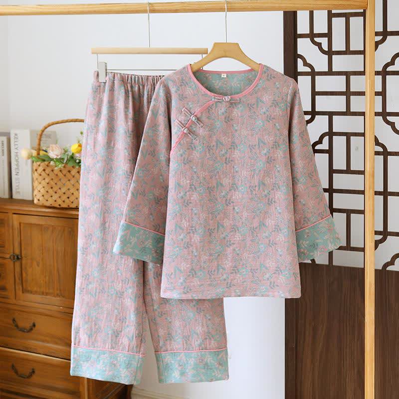 Oriental Floral Cotton Gauze Jacquard Pajamas - Light Pink - XXL - image 4