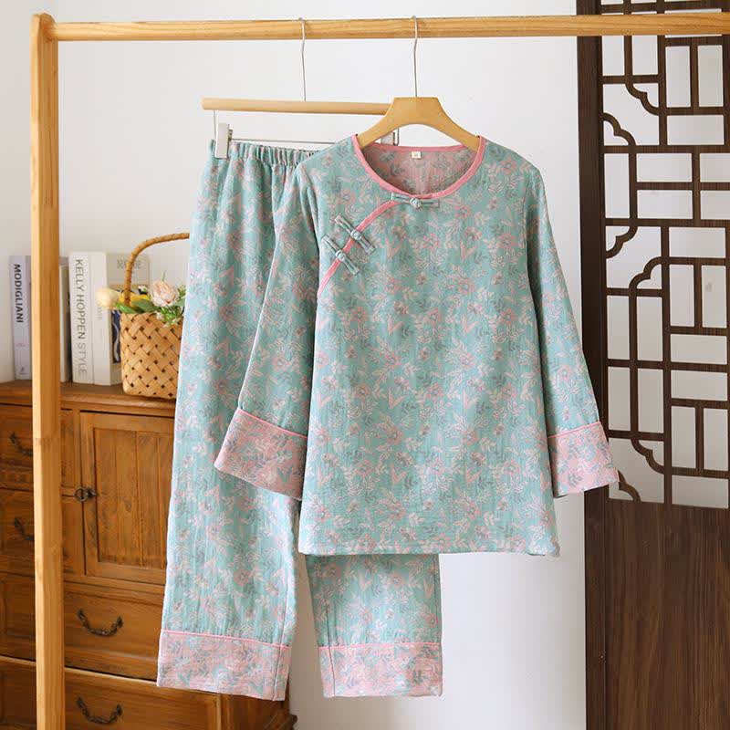 Oriental Floral Cotton Gauze Jacquard Pajamas - Light Green - XXL - image 3