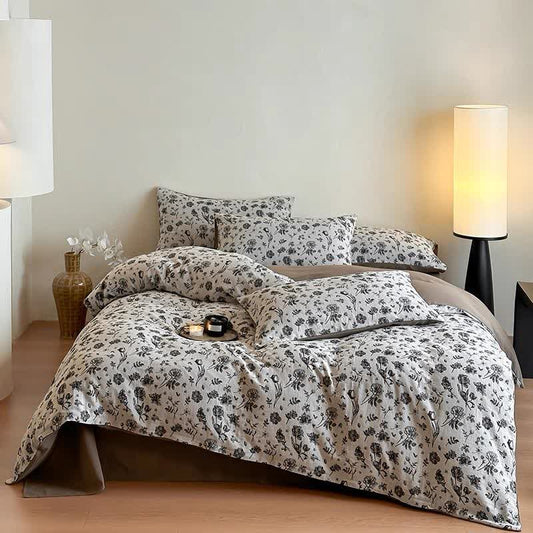 Black Floral Natural Cotton Bedding Set(4PCS)