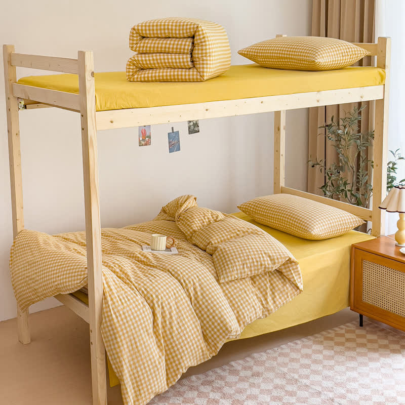 Cotton Plaid Duvet Cover Dorm Bedding Set - Yellow - Cal King - image 3