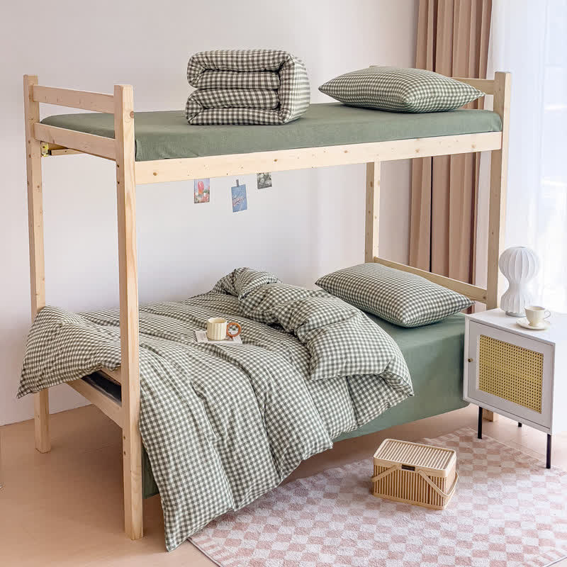 Cotton Plaid Duvet Cover Dorm Bedding Set - Green - Cal King - image 5