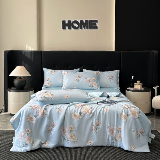 Blue Camellia Print Silky Natural Quilt - Bedding Sets - King - image 1