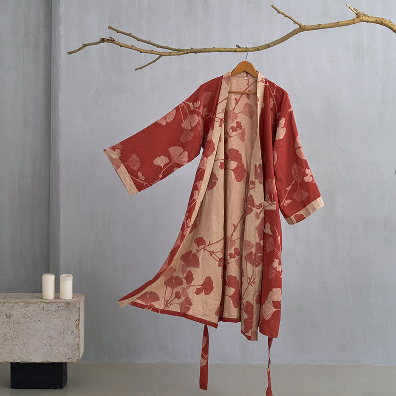Grand peignoir kimono en coton avec feuilles de ginkgo - Rouge et Nude - XL - image 8