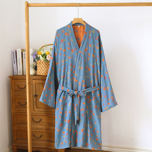 Tranquil Floral Japanese Cotton Kimono Robe - Blue & Orange - L - image 1