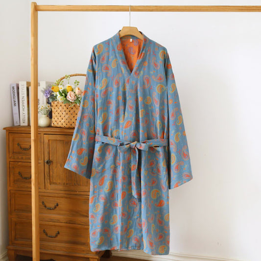 Paisley Cotton Gauze Japanese Kimono Robe - Blue & Orange - L - image 1