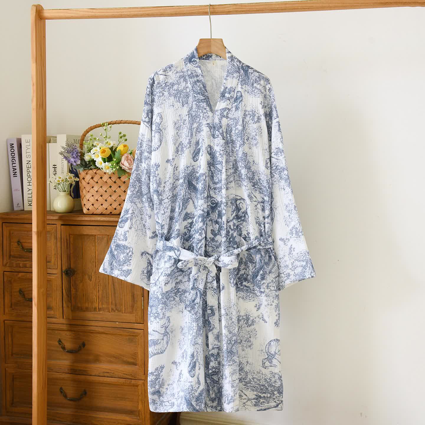 Toile Print Tiger Cotton Kimono Robe - Royal Blue - L - image 3