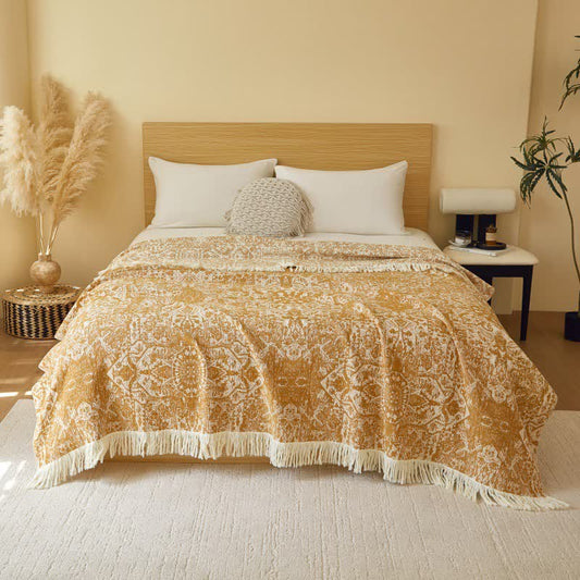 Retro Tribal Cotton Gauze Tassel Quilt - Gold - Queen - image 1