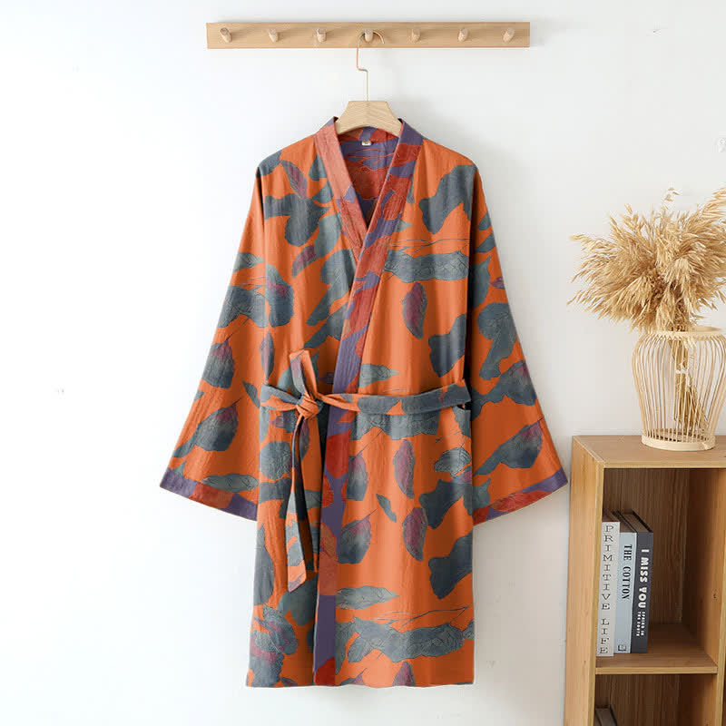 Botanical Leaf Cotton Gauze Kimono Robe - image 7