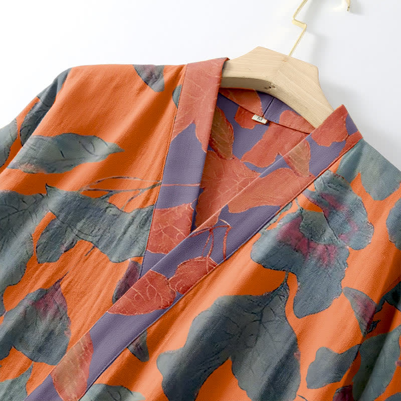 Botanical Leaf Cotton Gauze Kimono Robe - image 8